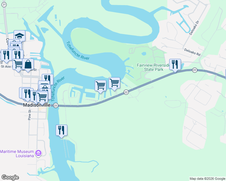 map of restaurants, bars, coffee shops, grocery stores, and more near 171 Louisiana 22 in Madisonville