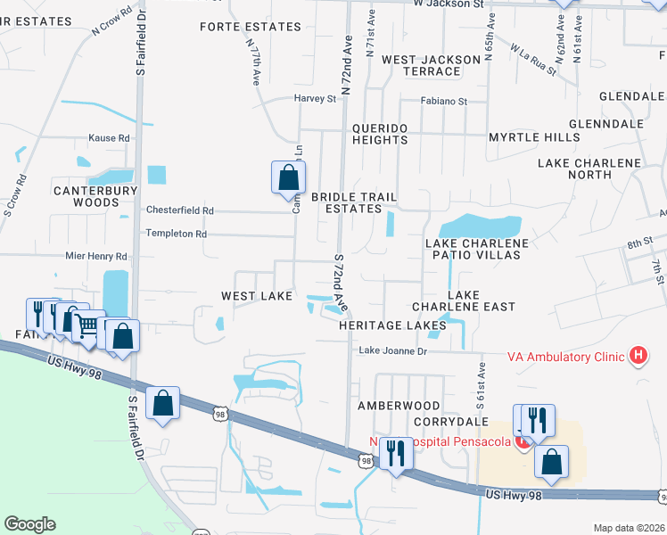map of restaurants, bars, coffee shops, grocery stores, and more near 364 Arabian Drive in Pensacola