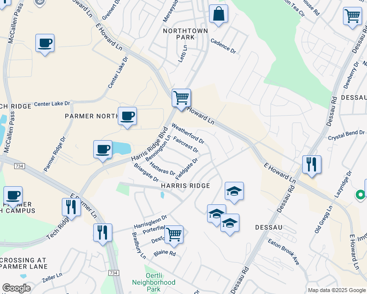 map of restaurants, bars, coffee shops, grocery stores, and more near 1113 Faircrest Drive in Austin