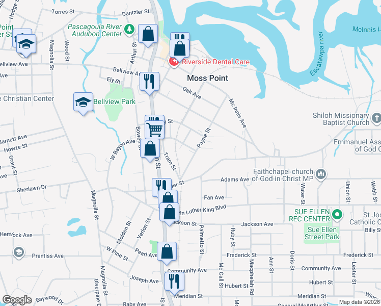map of restaurants, bars, coffee shops, grocery stores, and more near 4500-4524 West Bayou Avenue in Moss Point