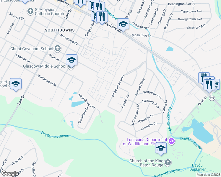map of restaurants, bars, coffee shops, grocery stores, and more near 1735 Woodchase Boulevard in Baton Rouge