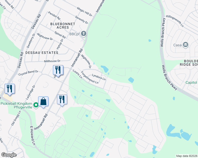 map of restaurants, bars, coffee shops, grocery stores, and more near 14201 Lyndora Lane in Pflugerville
