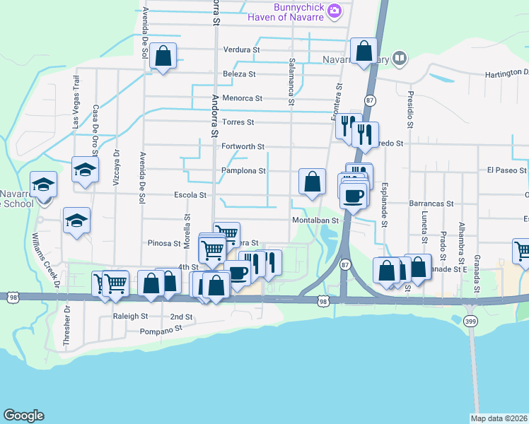 map of restaurants, bars, coffee shops, grocery stores, and more near 8151 Escola Street in Navarre
