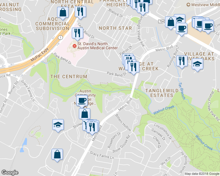 map of restaurants, bars, coffee shops, grocery stores, and more near 12152 Metric Boulevard in Austin