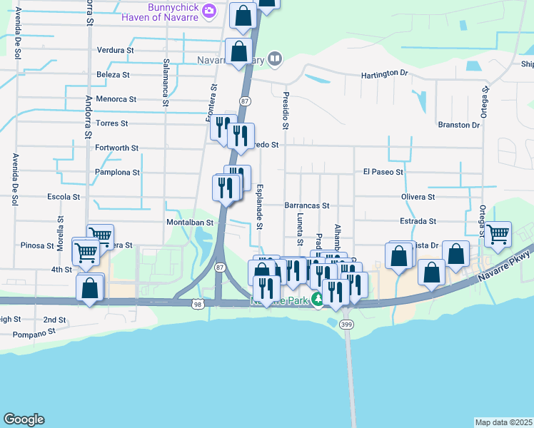map of restaurants, bars, coffee shops, grocery stores, and more near 8477 Barrancas Street in Navarre