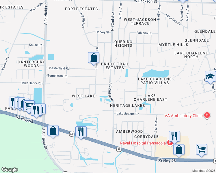 map of restaurants, bars, coffee shops, grocery stores, and more near 364 Arabian Drive in Pensacola