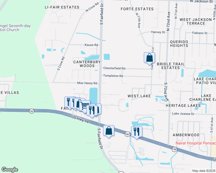 map of restaurants, bars, coffee shops, grocery stores, and more near 8000 Mier Henry Road in Pensacola