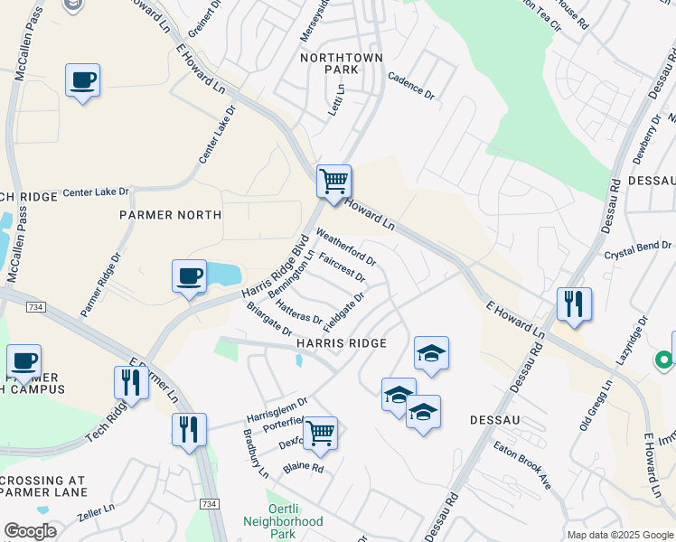 map of restaurants, bars, coffee shops, grocery stores, and more near 1113 Faircrest Drive in Austin