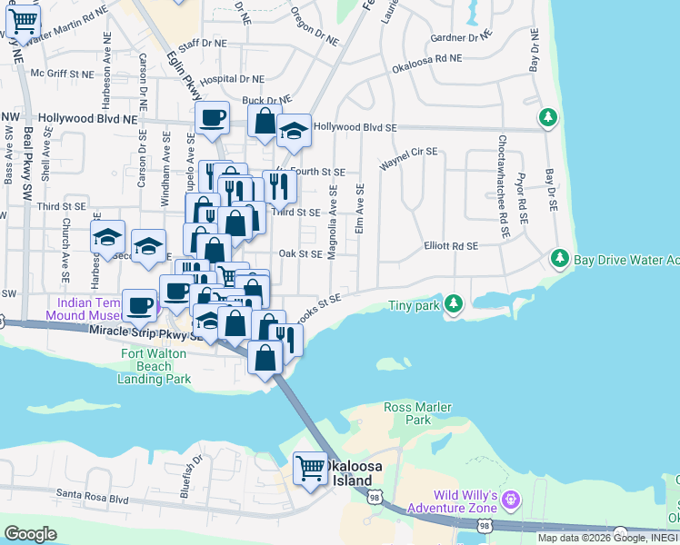 map of restaurants, bars, coffee shops, grocery stores, and more near 127 Magnolia Avenue Southeast in Fort Walton Beach