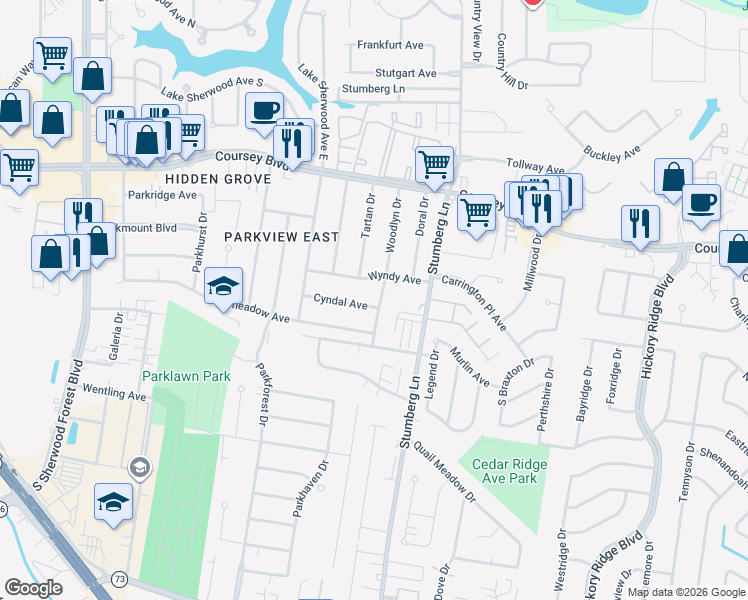 map of restaurants, bars, coffee shops, grocery stores, and more near 4930 Woodlyn Drive in Baton Rouge
