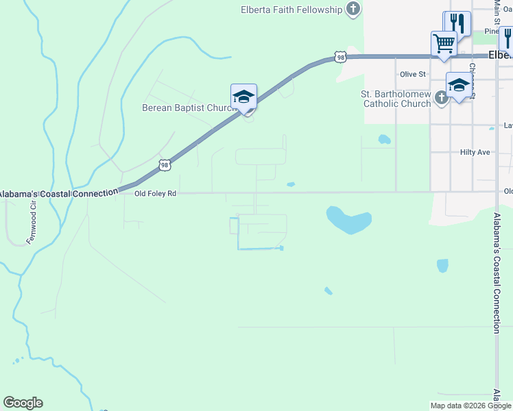 map of restaurants, bars, coffee shops, grocery stores, and more near Porches Boulevard in Elberta