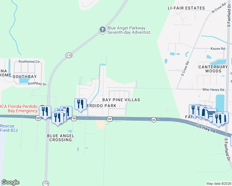 map of restaurants, bars, coffee shops, grocery stores, and more near 422 Bay Pine Villas Drive in Pensacola