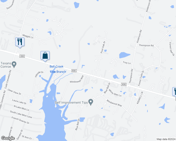 map of restaurants, bars, coffee shops, grocery stores, and more near 12088 Farm to Market Road 830 in Willis