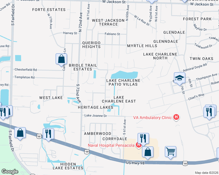 map of restaurants, bars, coffee shops, grocery stores, and more near 362 Bunker Hill Drive in Pensacola
