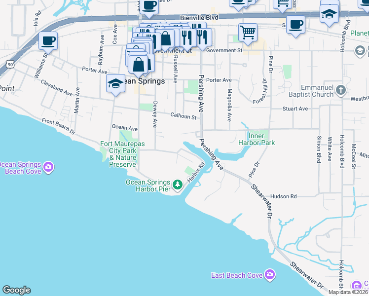 map of restaurants, bars, coffee shops, grocery stores, and more near 1215 Harbor Road in Ocean Springs