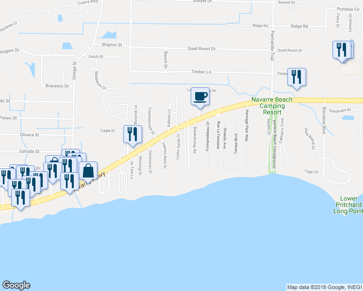 map of restaurants, bars, coffee shops, grocery stores, and more near 2000 Costa Verde Court in Navarre