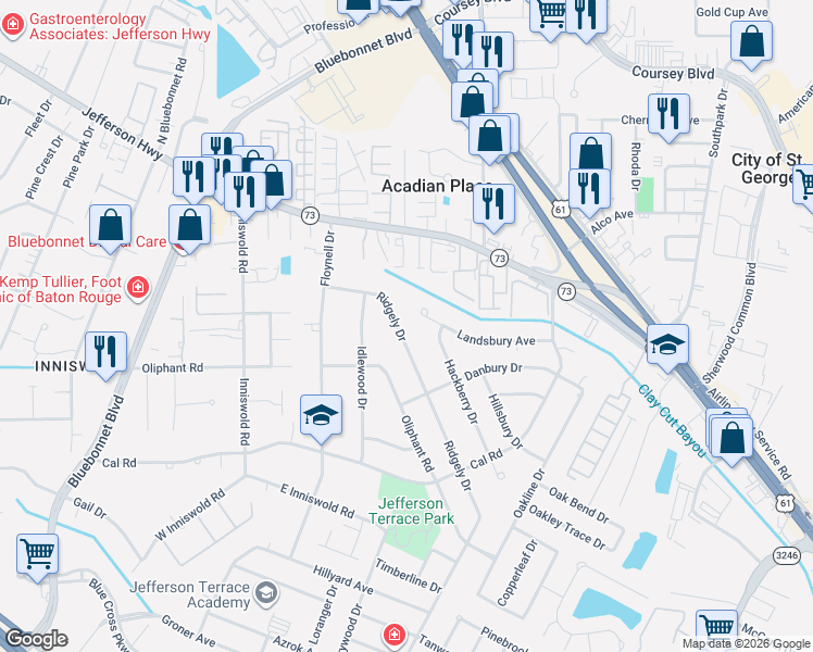 map of restaurants, bars, coffee shops, grocery stores, and more near 10059 Ridgely Drive in Baton Rouge
