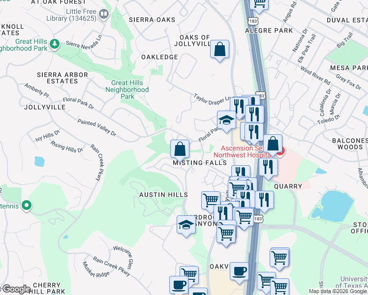 map of restaurants, bars, coffee shops, grocery stores, and more near 5302 Hanging Cliff Cove in Austin