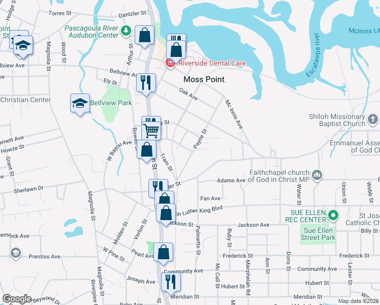 map of restaurants, bars, coffee shops, grocery stores, and more near 4500 West Bayou Avenue in Moss Point