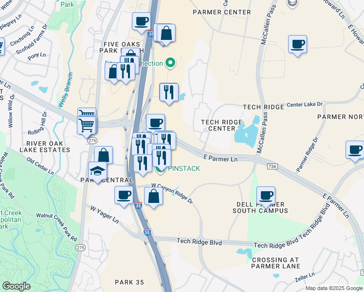 map of restaurants, bars, coffee shops, grocery stores, and more near Farm to Market Road 734 in Austin