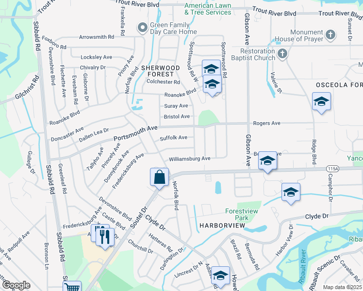 map of restaurants, bars, coffee shops, grocery stores, and more near 4631 Fredericksburg Avenue in Jacksonville