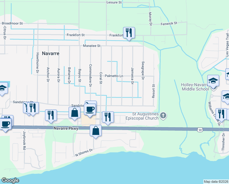 map of restaurants, bars, coffee shops, grocery stores, and more near 1922 Everglades Street in Navarre