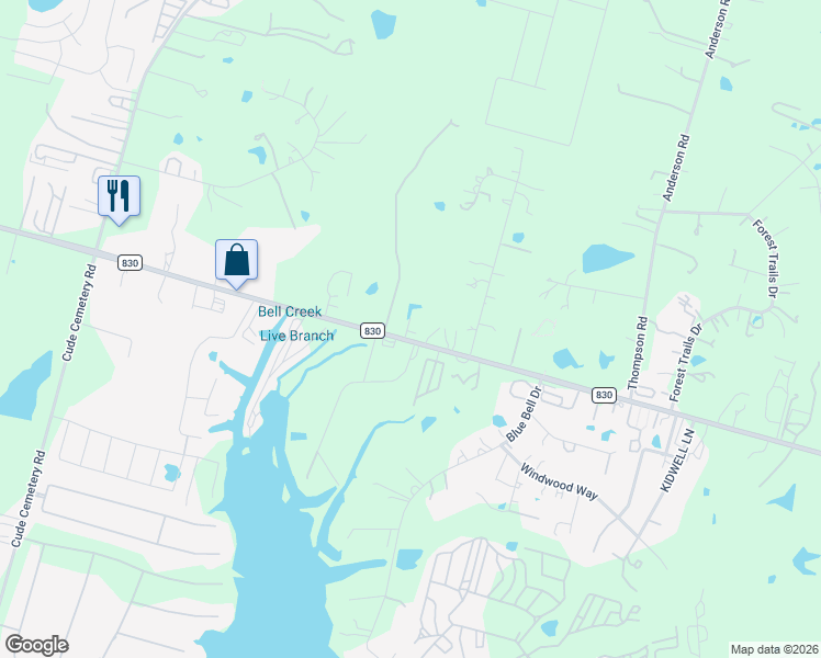 map of restaurants, bars, coffee shops, grocery stores, and more near 12152 Farm to Market Road 830 in Willis
