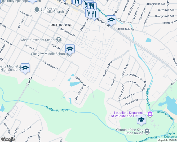 map of restaurants, bars, coffee shops, grocery stores, and more near 1700 Dauphine Street in Baton Rouge