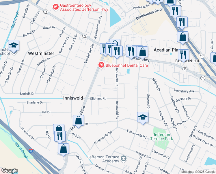 map of restaurants, bars, coffee shops, grocery stores, and more near 4664 Inniswold Road in Baton Rouge