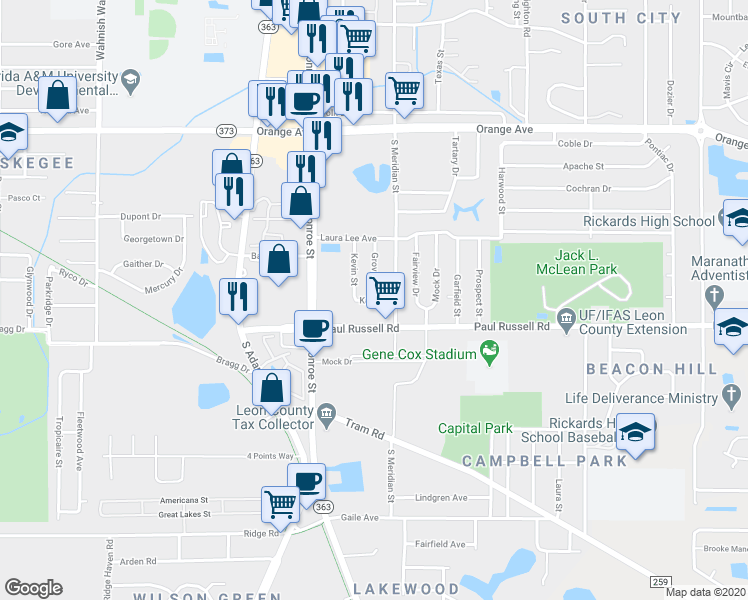 map of restaurants, bars, coffee shops, grocery stores, and more near 4236 Grove Street in Tallahassee