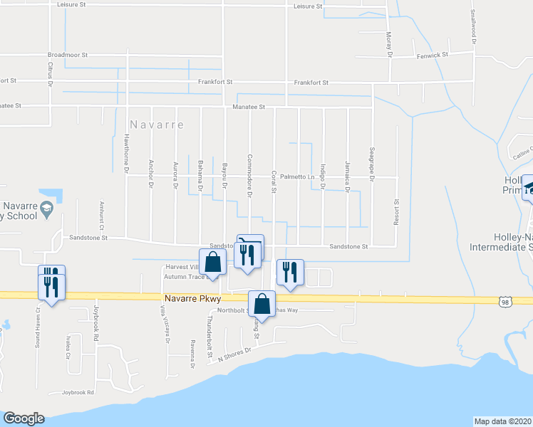 map of restaurants, bars, coffee shops, grocery stores, and more near 1923 Coral Street in Navarre