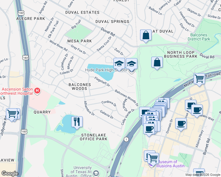map of restaurants, bars, coffee shops, grocery stores, and more near 4104 Balcones Woods Drive in Austin