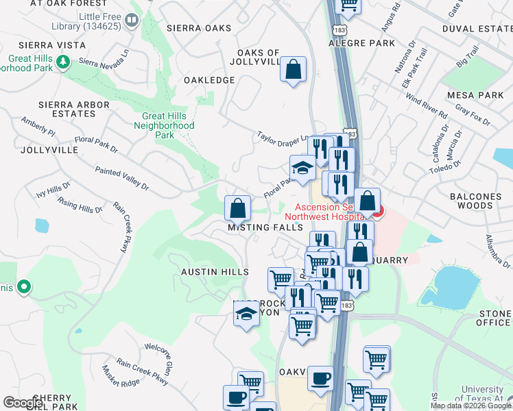 map of restaurants, bars, coffee shops, grocery stores, and more near 5302 Hanging Cliff Cove in Austin