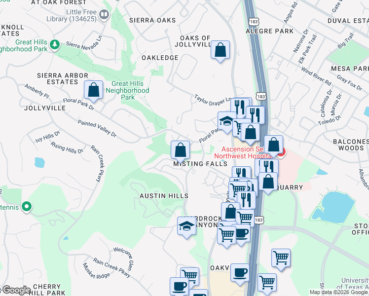map of restaurants, bars, coffee shops, grocery stores, and more near 5302 Hanging Cliff Cove in Austin