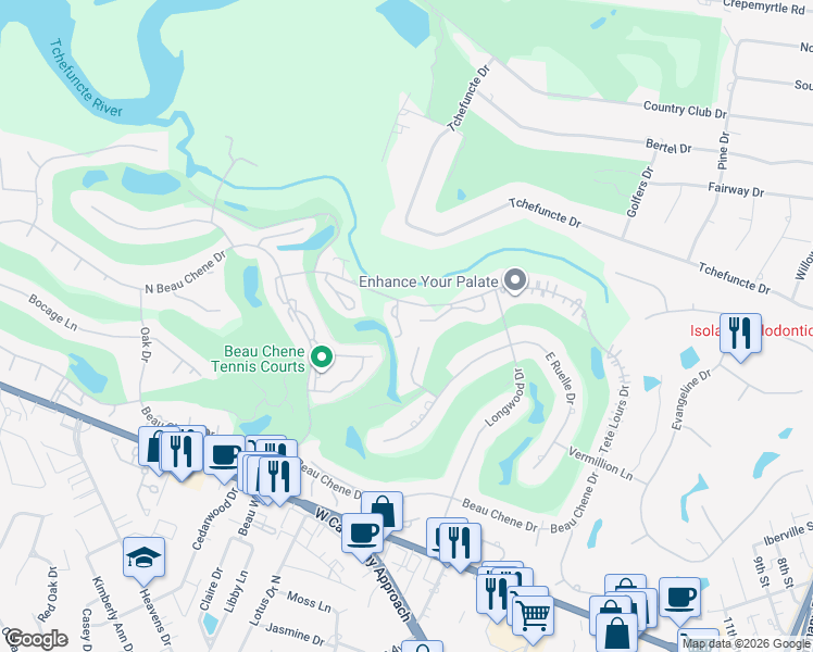 map of restaurants, bars, coffee shops, grocery stores, and more near 109 Catalpa Lane in Mandeville