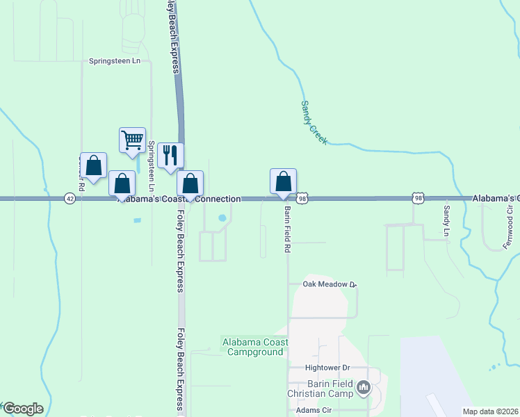 map of restaurants, bars, coffee shops, grocery stores, and more near 22400 Alabama's Coastal Connection in Foley