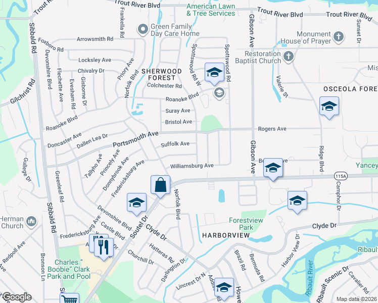 map of restaurants, bars, coffee shops, grocery stores, and more near 4619 Fredericksburg Avenue in Jacksonville