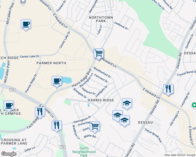 map of restaurants, bars, coffee shops, grocery stores, and more near 1113 Faircrest Drive in Austin