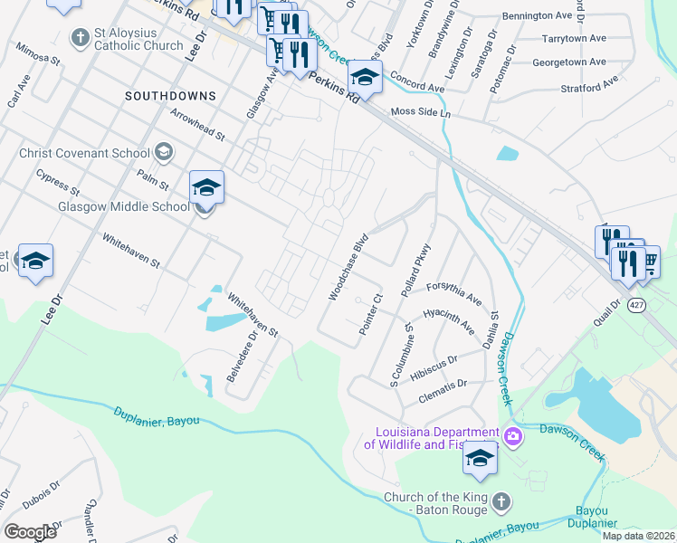 map of restaurants, bars, coffee shops, grocery stores, and more near 1735 Woodchase Boulevard in Baton Rouge