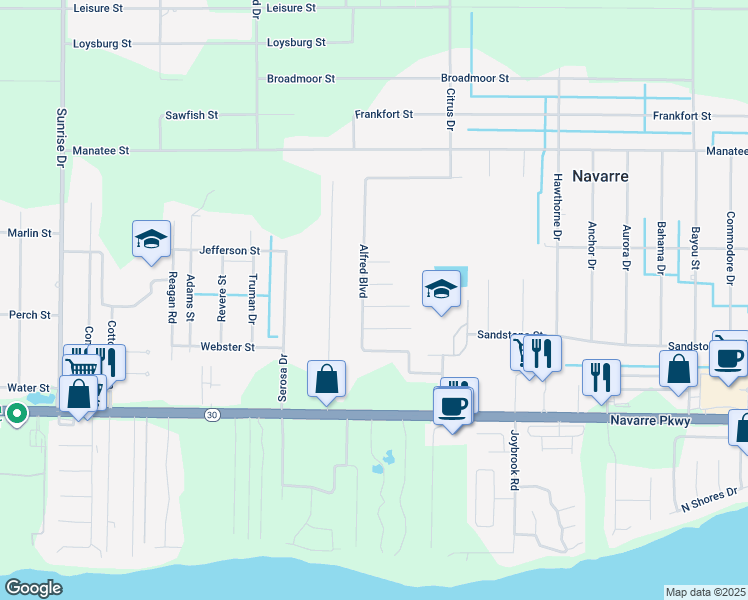 map of restaurants, bars, coffee shops, grocery stores, and more near 7208 Zoe Circle in Navarre