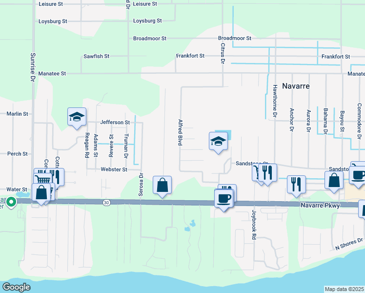 map of restaurants, bars, coffee shops, grocery stores, and more near 7202 Zoe Circle in Navarre