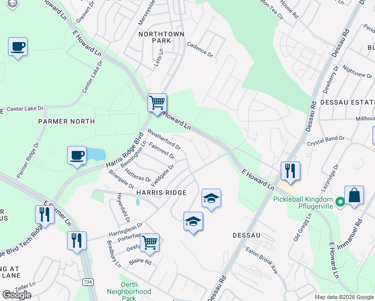 map of restaurants, bars, coffee shops, grocery stores, and more near 1300 Weatherford Drive in Austin