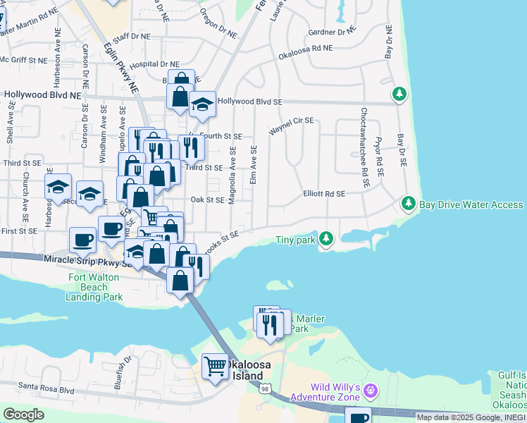 map of restaurants, bars, coffee shops, grocery stores, and more near 119 Waynel Circle Southeast in Fort Walton Beach
