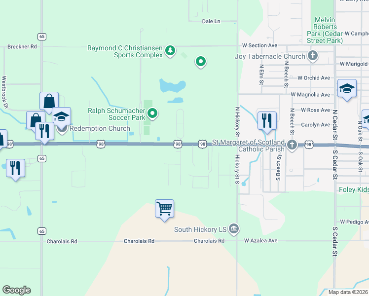 map of restaurants, bars, coffee shops, grocery stores, and more near 12494 John Arthur Dr in Foley