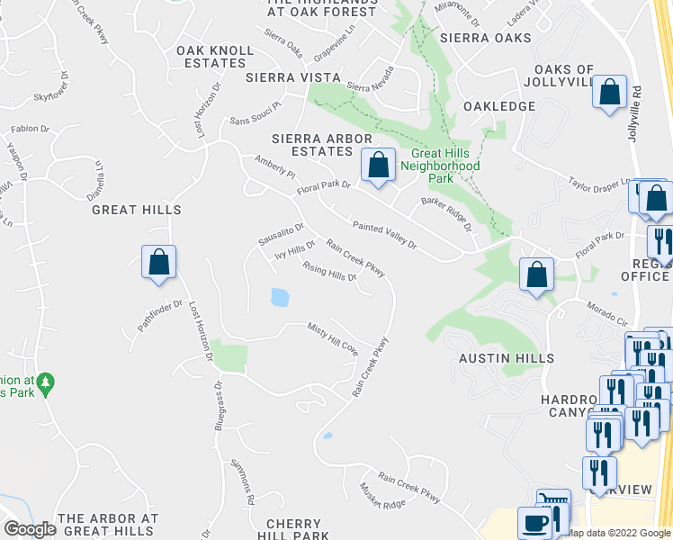 map of restaurants, bars, coffee shops, grocery stores, and more near 5804 Rising Hills Drive in Austin