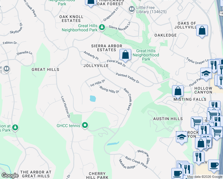 map of restaurants, bars, coffee shops, grocery stores, and more near 5804 Rising Hills Drive in Austin