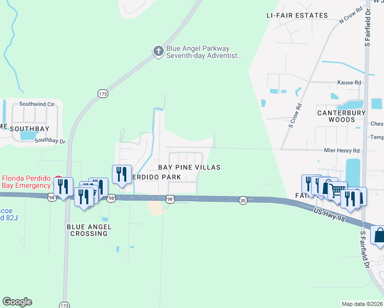map of restaurants, bars, coffee shops, grocery stores, and more near 401 Pine Crescent Way in Pensacola