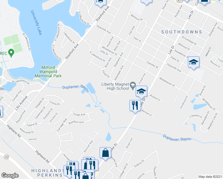 map of restaurants, bars, coffee shops, grocery stores, and more near 950 Aberdeen Avenue in Baton Rouge