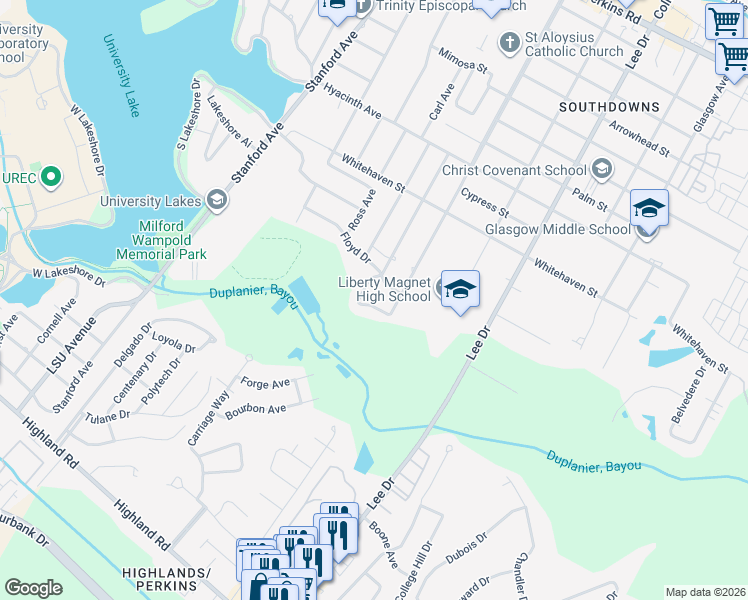 map of restaurants, bars, coffee shops, grocery stores, and more near 950 Aberdeen Avenue in Baton Rouge