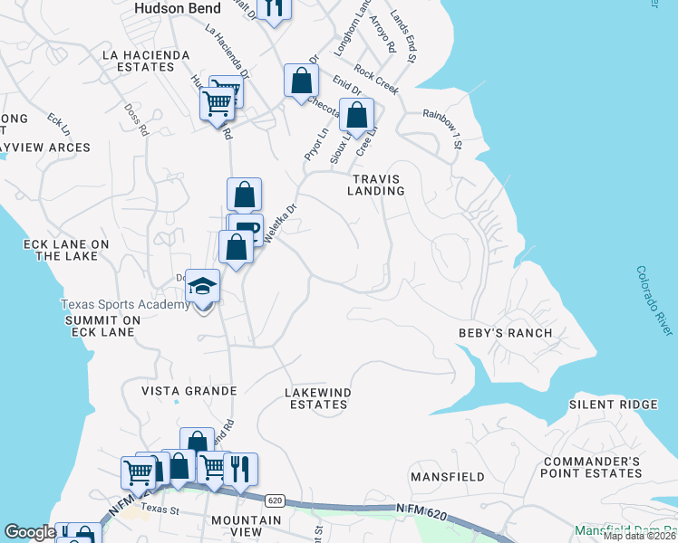 map of restaurants, bars, coffee shops, grocery stores, and more near 15301 McCormick Avenida Point in Austin